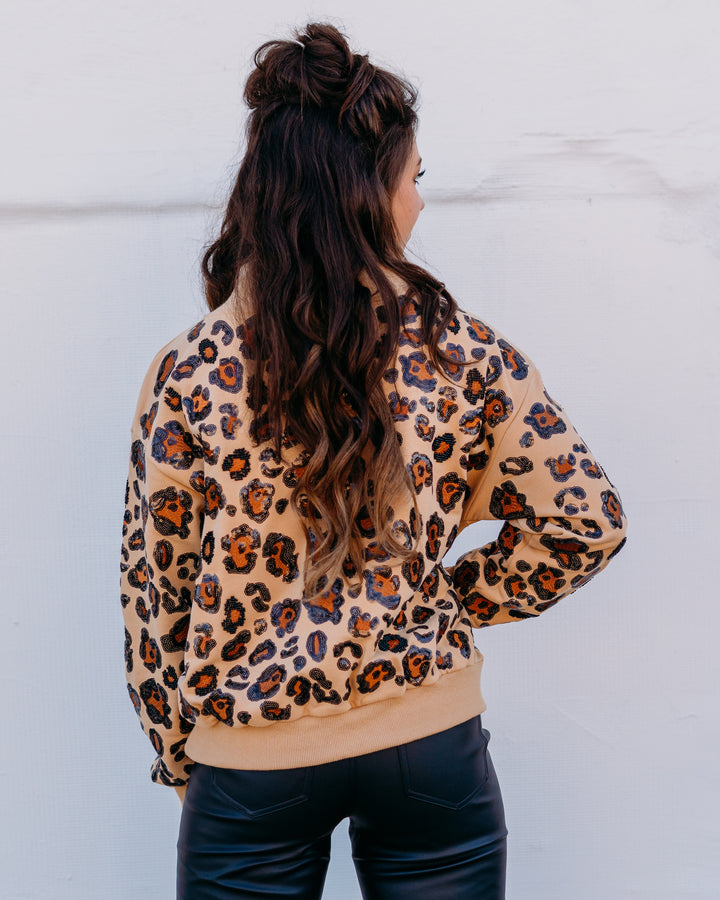 Queen of Sparkles: Tan, Brown, & Black Leopard Mock Neck Sweatshirt