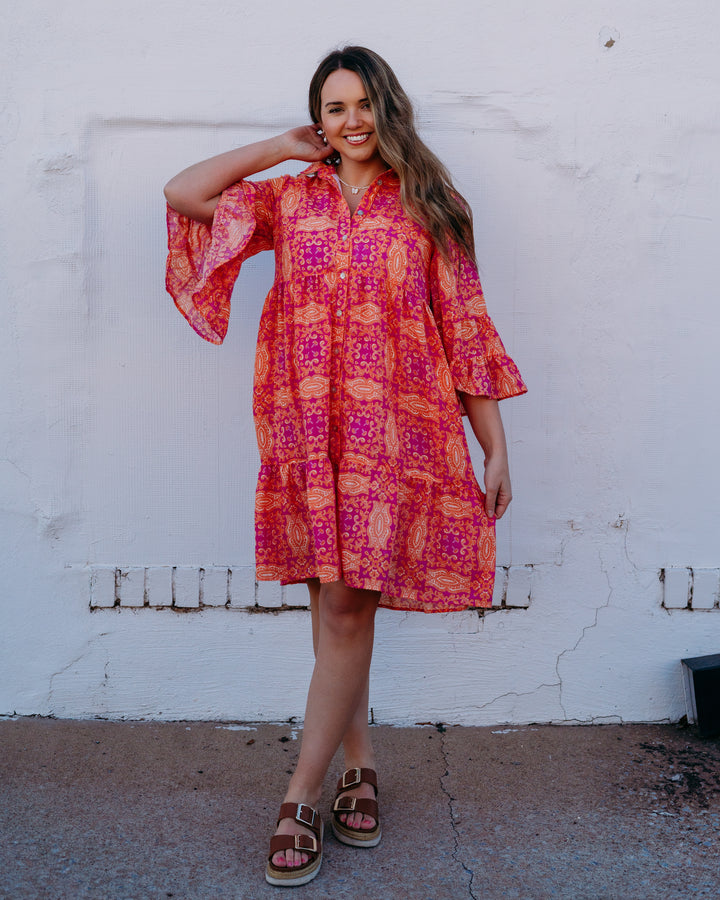 Uncle Frank: Tiered Sleeve Dress in Fuchsia (74659) - The Vogue Boutique