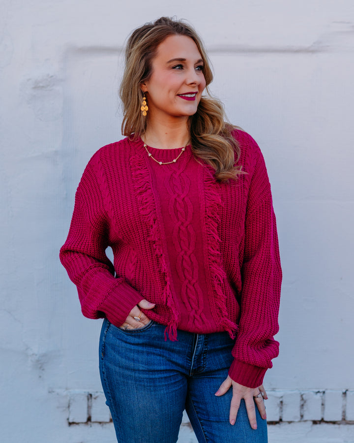 Liverpool: Long Sleeve Mock Neck Sweater with Fringe in Deep Raspberry