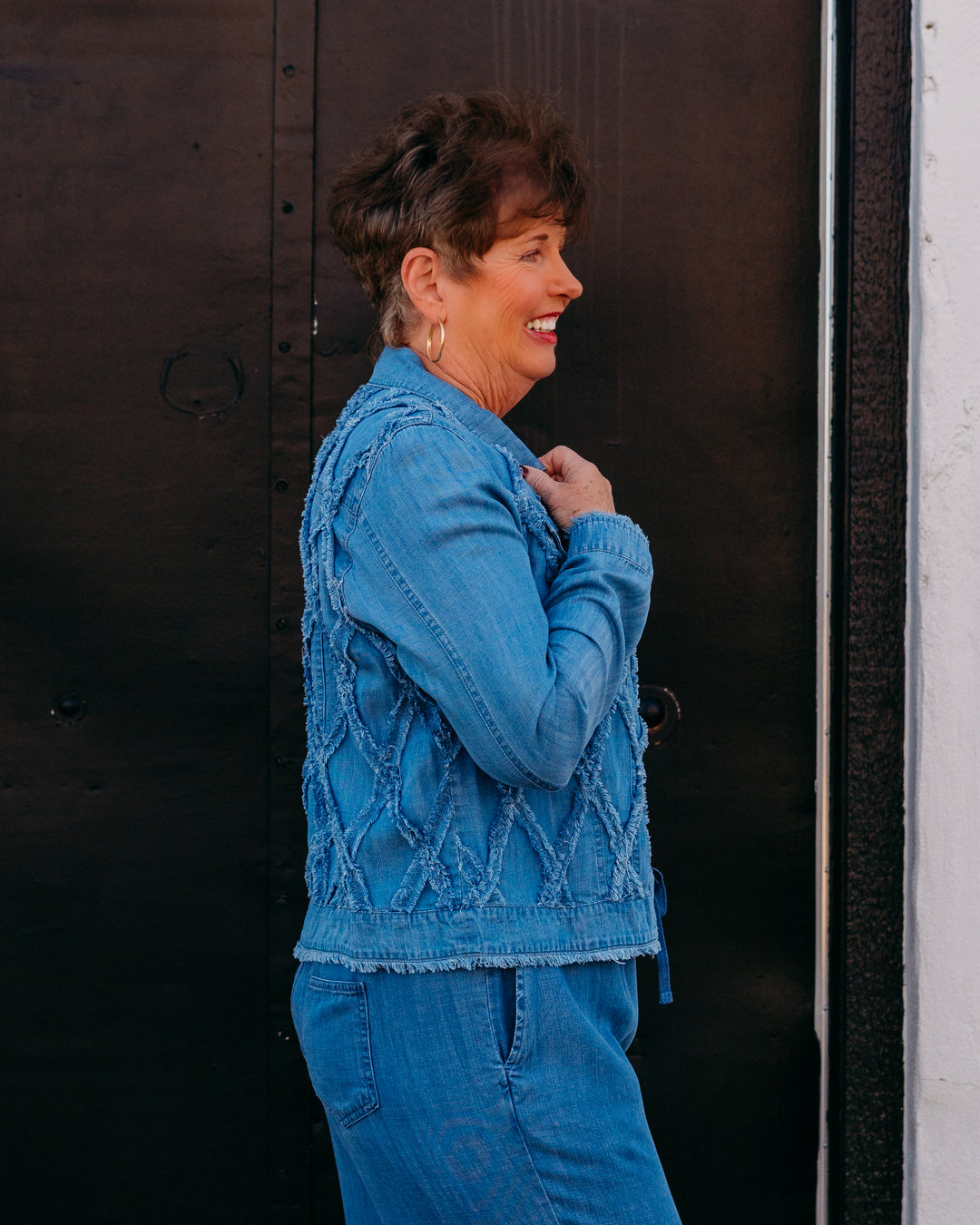 Multiples: Cuffed L/S Jean Jacket Strip Trim in Midnight Indigo (M26201JM)