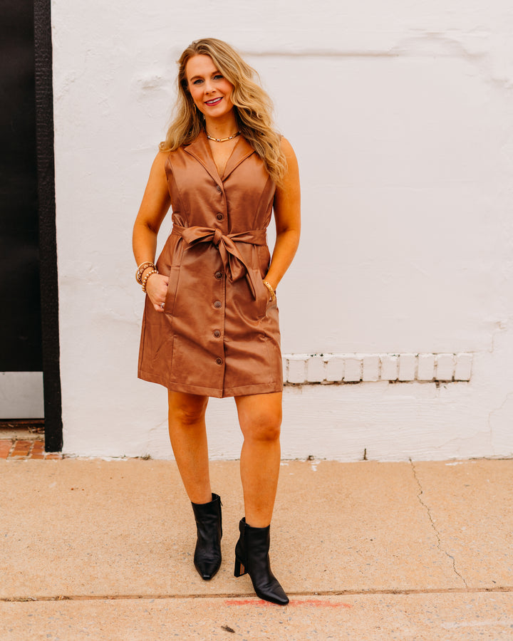Joy Joy: Leather Sleeveless Dress in Camel