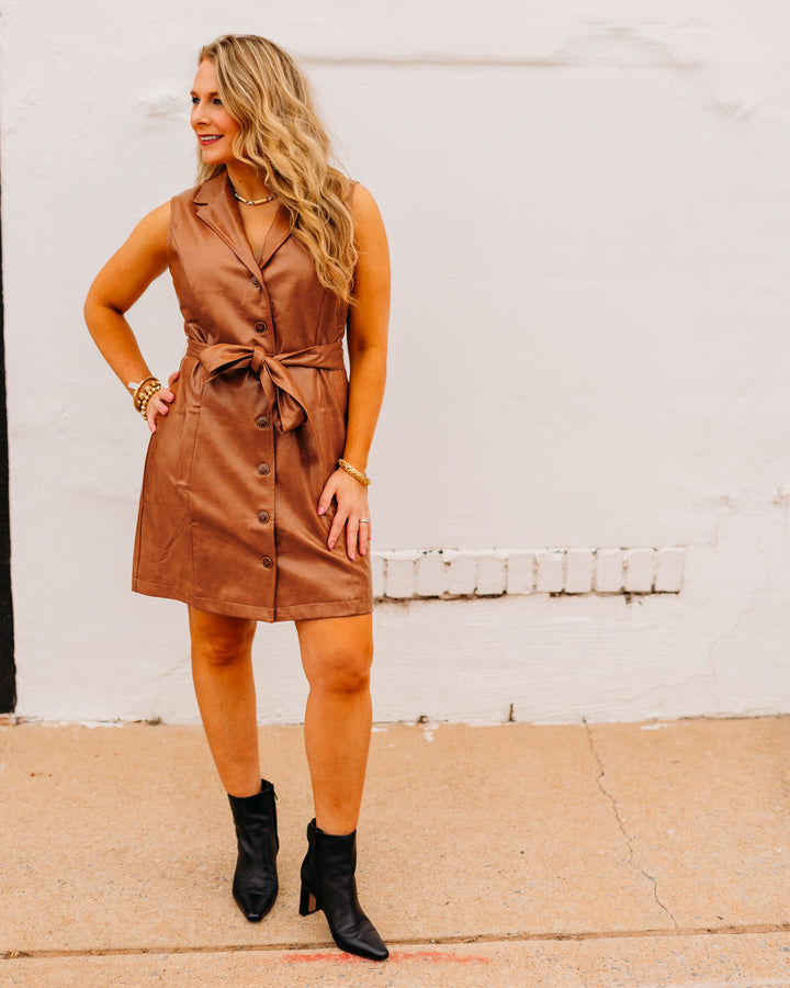 Joy Joy: Leather Sleeveless Dress in Camel