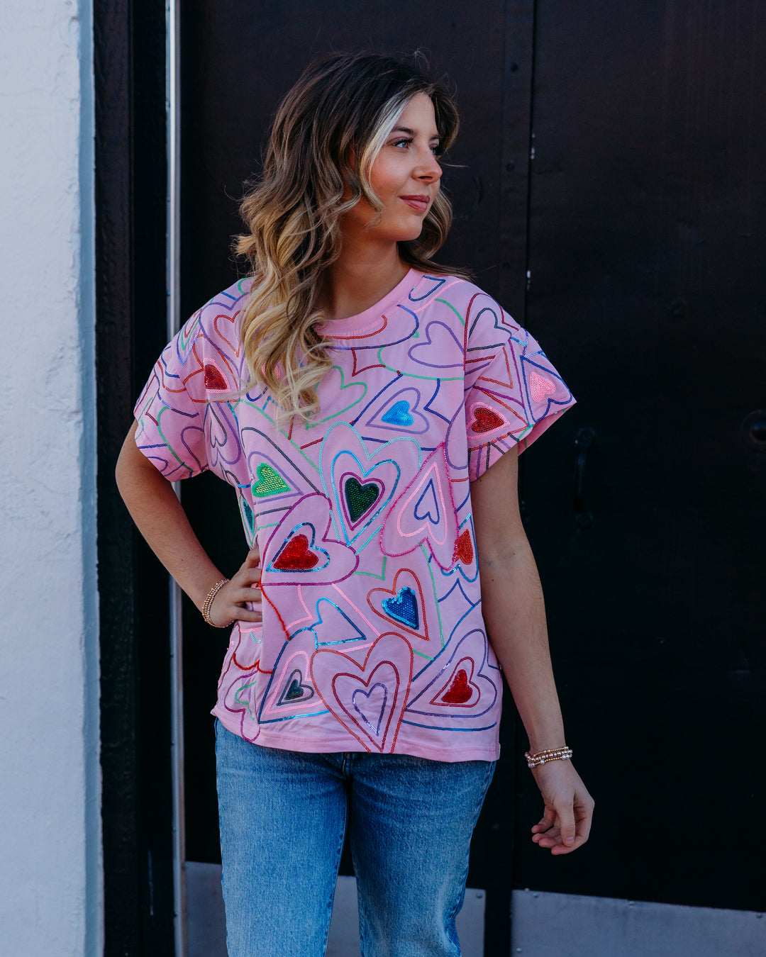 Queen Of Sparkles: Groovy Heart Tee in Light Pink