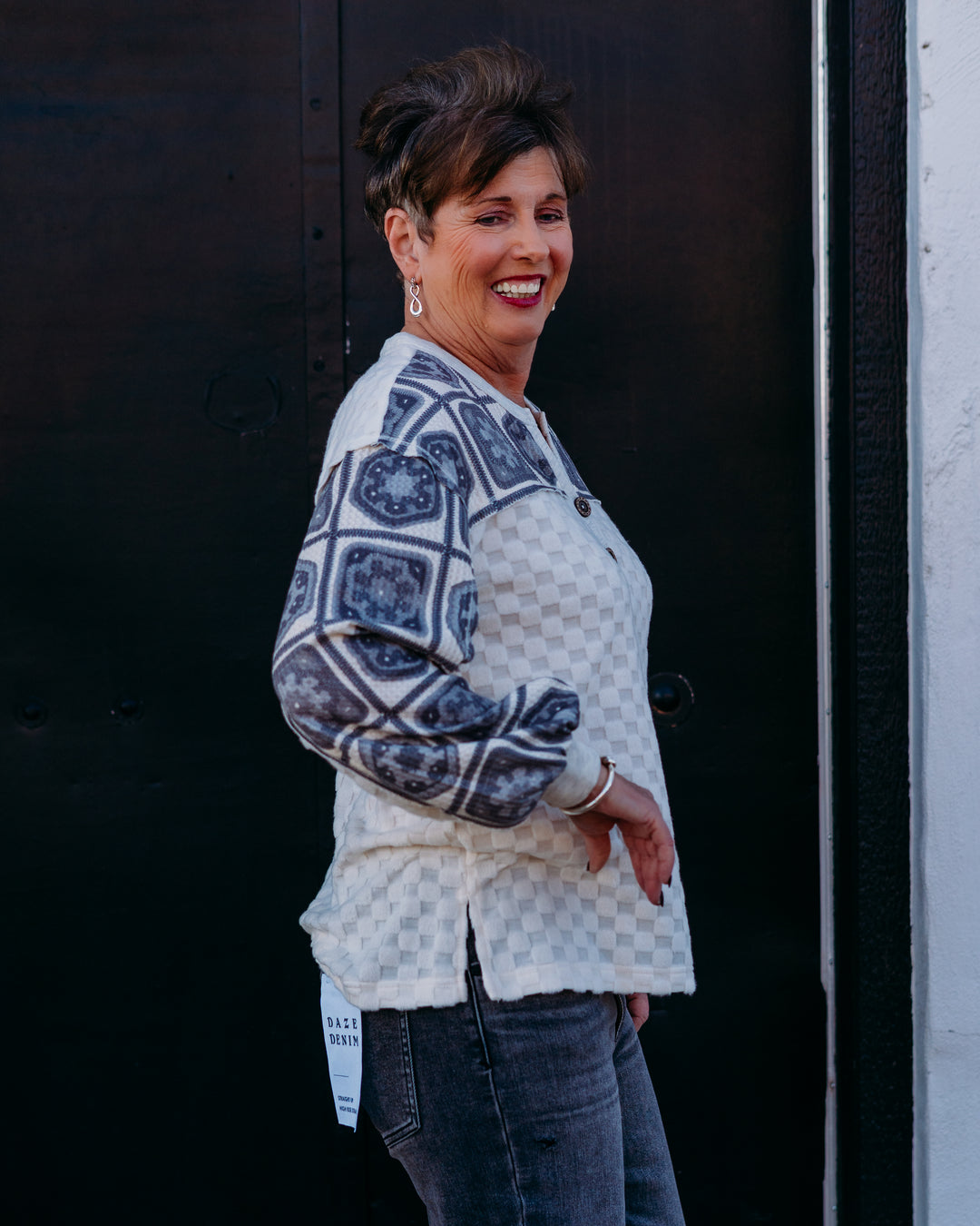 Multiples: (Snow Leopard) Drop Shoulder Y-Neck Top M45508TM