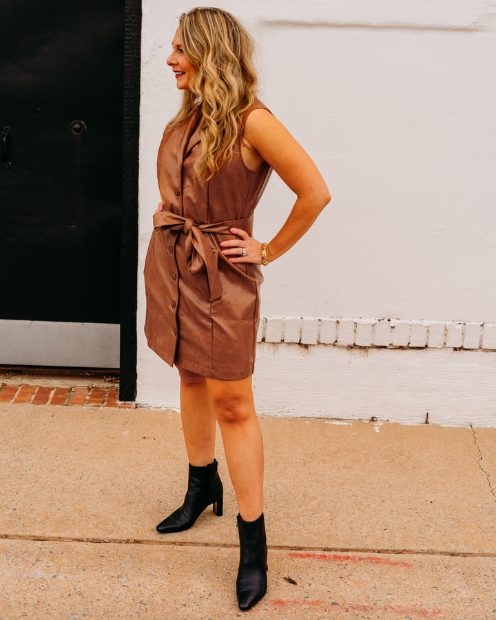 Joy Joy: Leather Sleeveless Dress in Camel