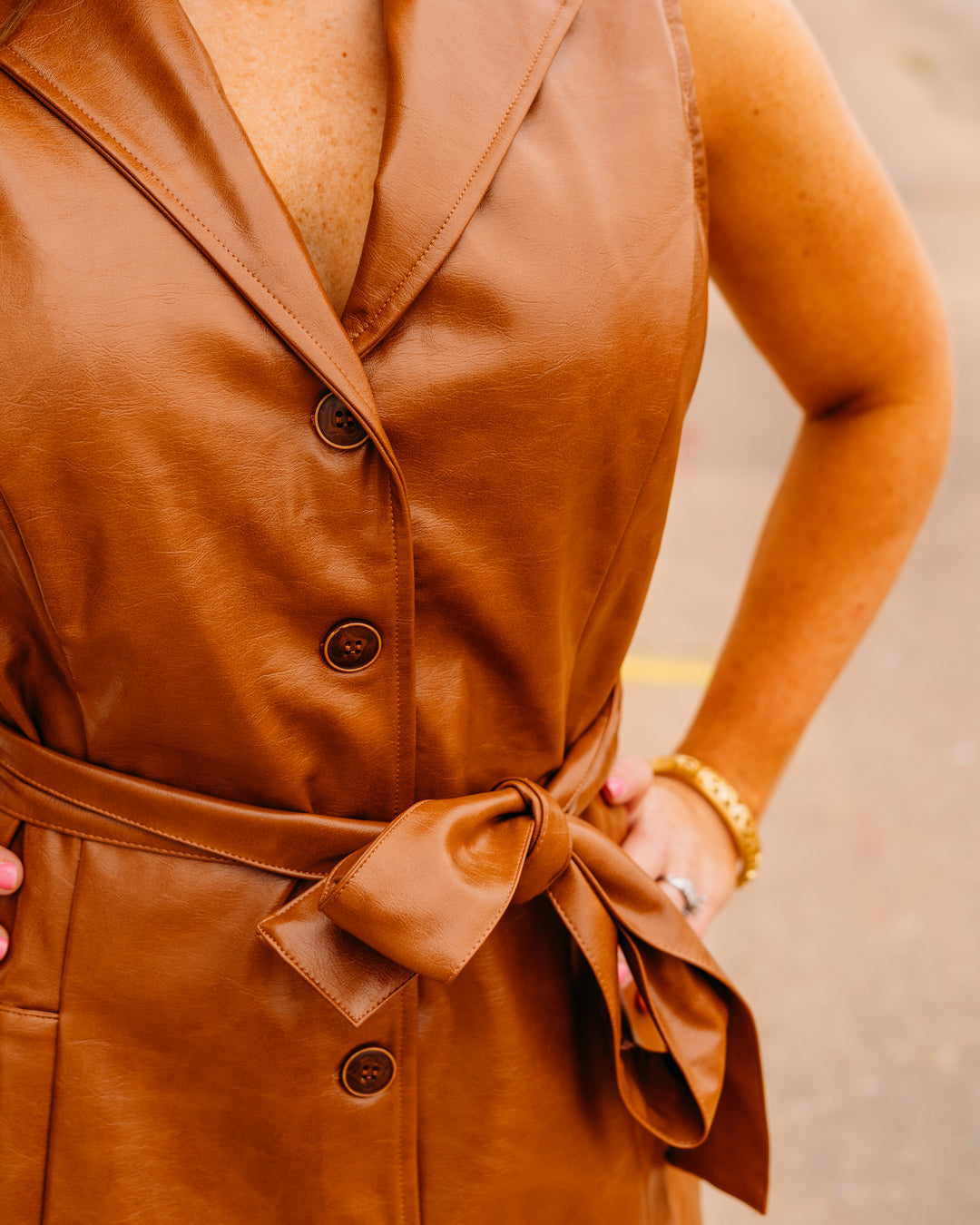 Joy Joy: Leather Sleeveless Dress in Camel