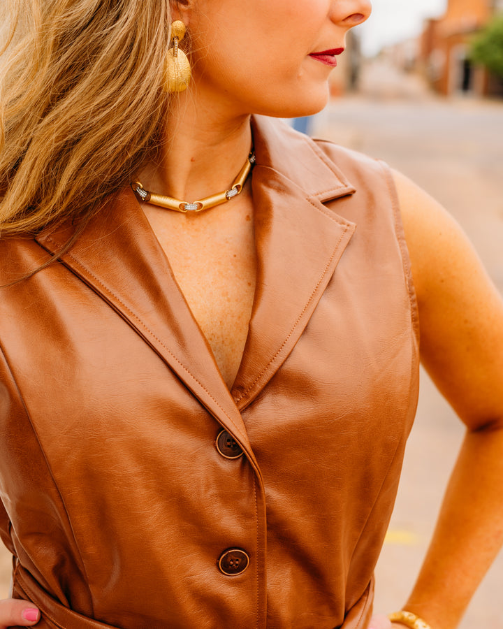 Joy Joy: Leather Sleeveless Dress in Camel