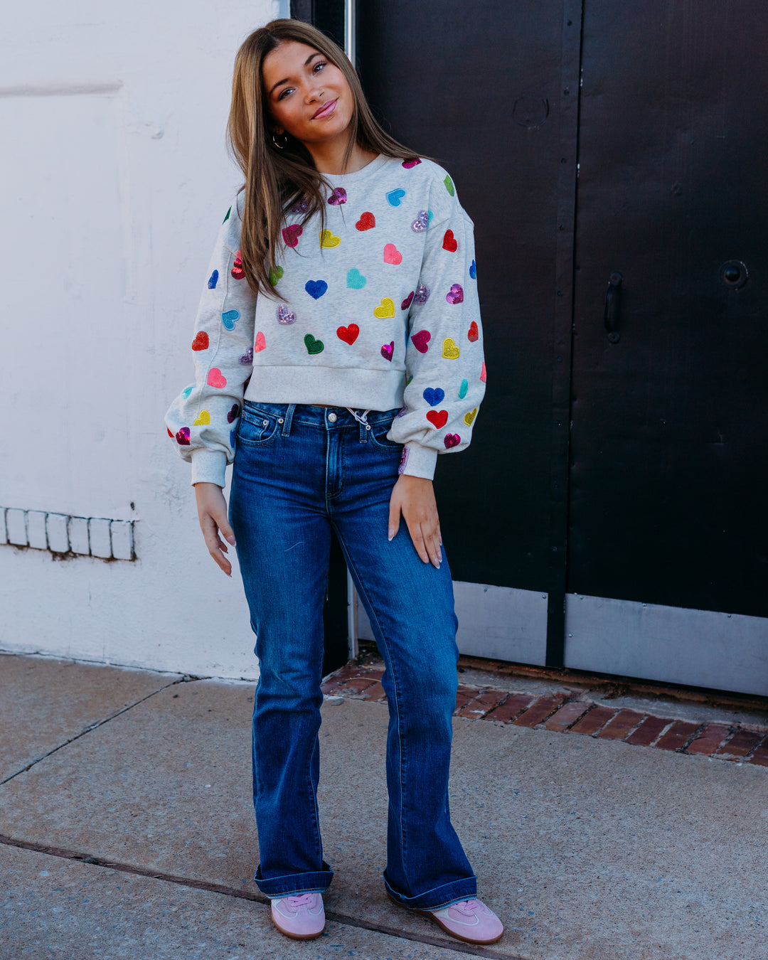 Queen Of Sparkles: Multi Rhinestone Heart Sweatshirt in Light Grey