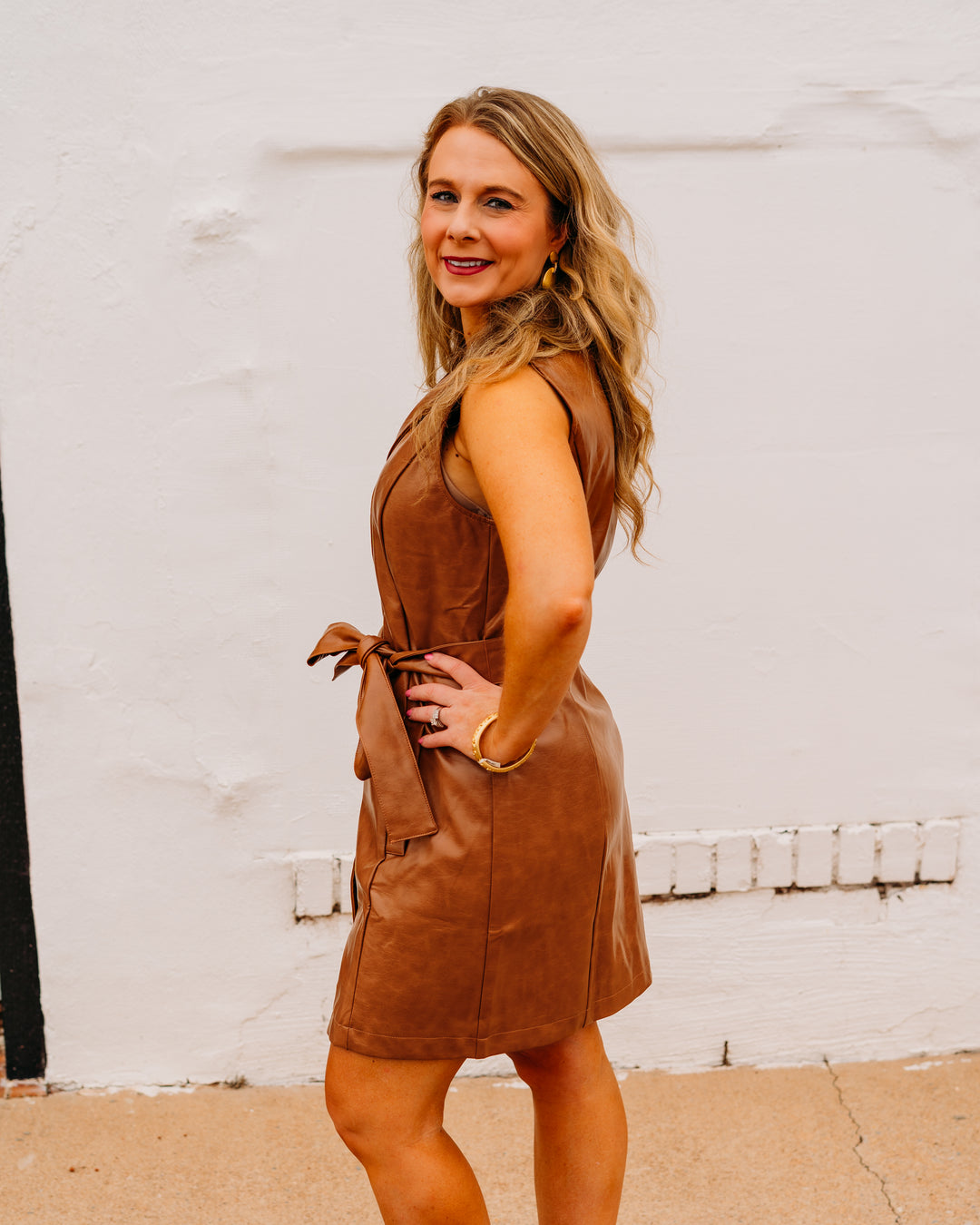 Joy Joy: Leather Sleeveless Dress in Camel