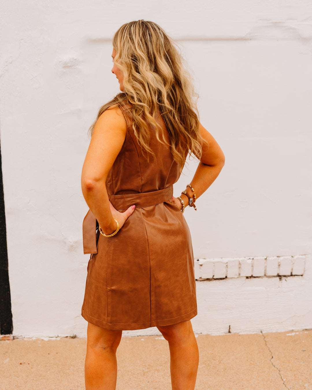 Joy Joy: Leather Sleeveless Dress in Camel
