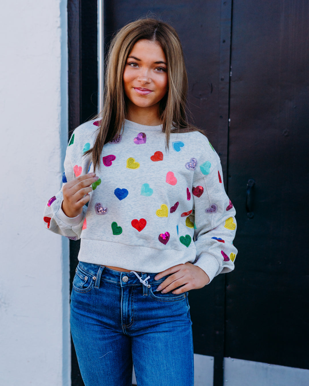 Queen Of Sparkles: Multi Rhinestone Heart Sweatshirt in Light Grey
