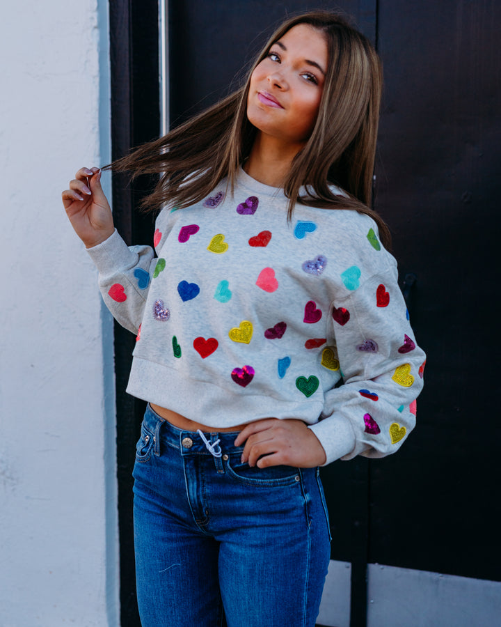 Queen Of Sparkles: Multi Rhinestone Heart Sweatshirt in Light Grey