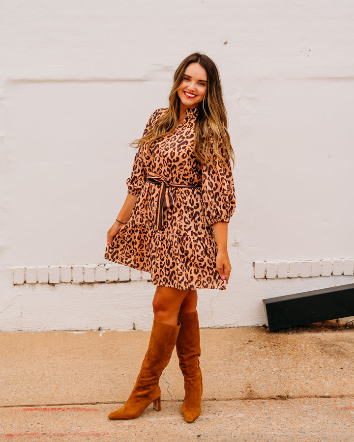 Joy Joy: Split Neck Flounce Dress in Brown Leopard