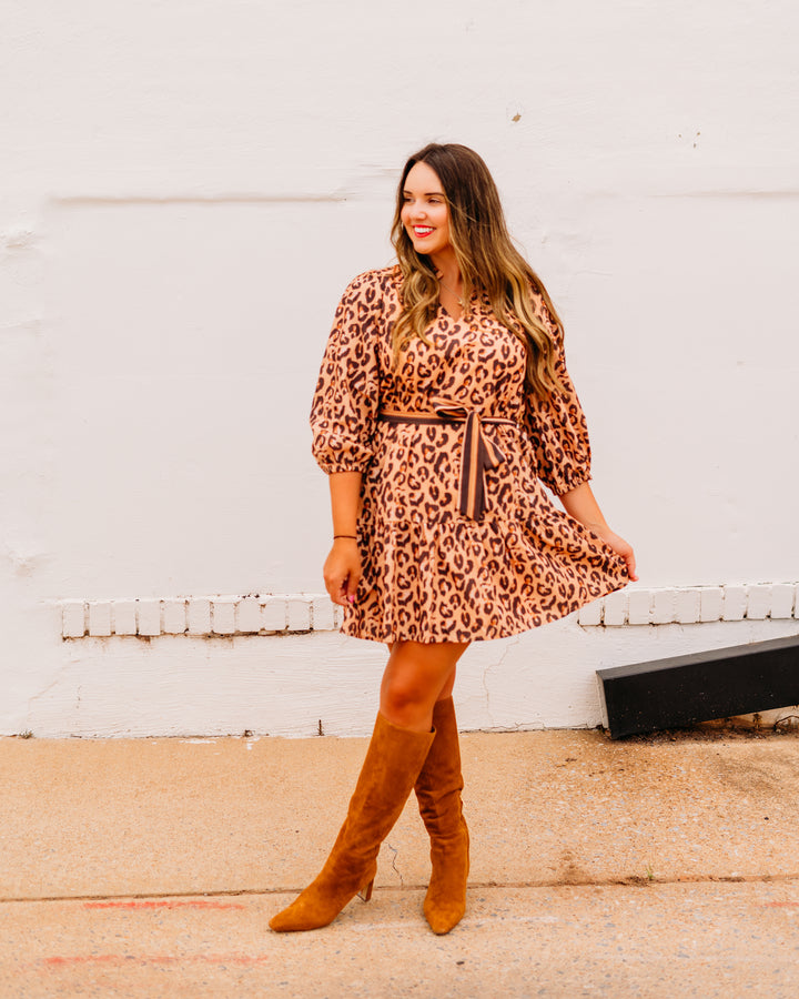 Joy Joy: Split Neck Flounce Dress in Brown Leopard