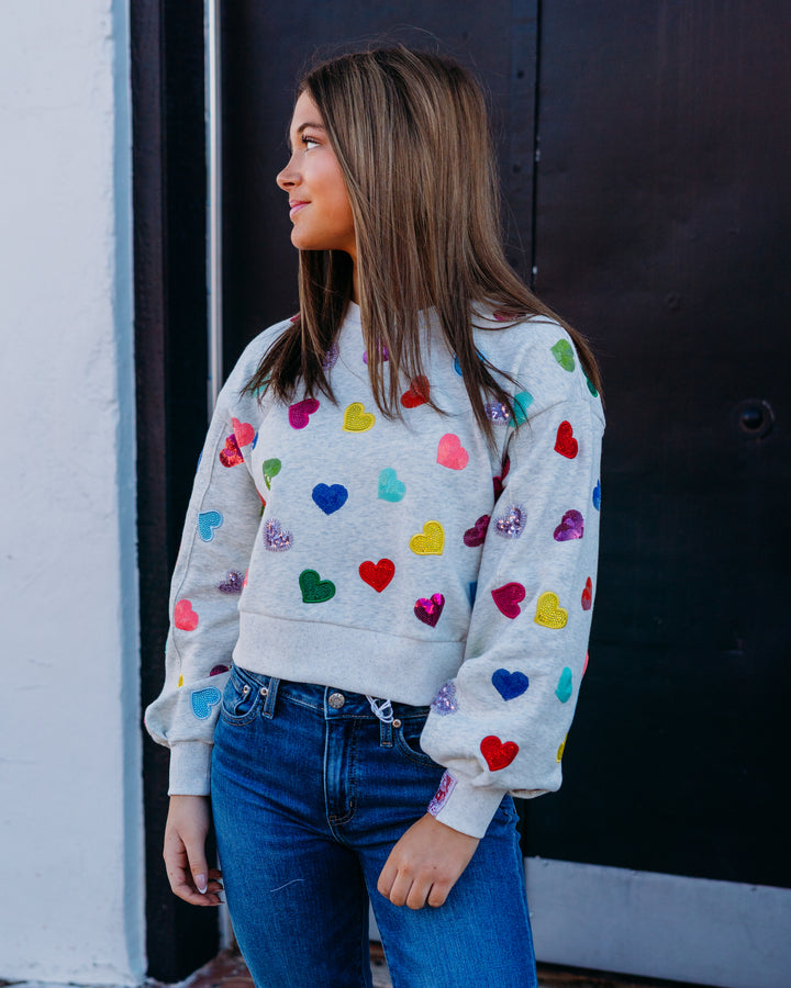 Queen Of Sparkles: Multi Rhinestone Heart Sweatshirt in Light Grey