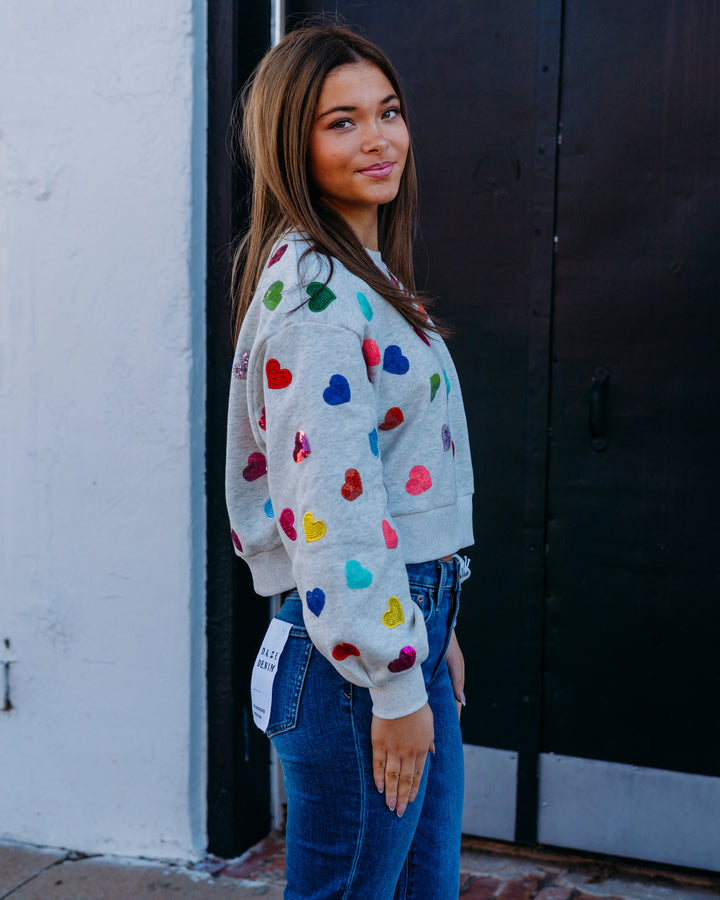 Queen Of Sparkles: Multi Rhinestone Heart Sweatshirt in Light Grey