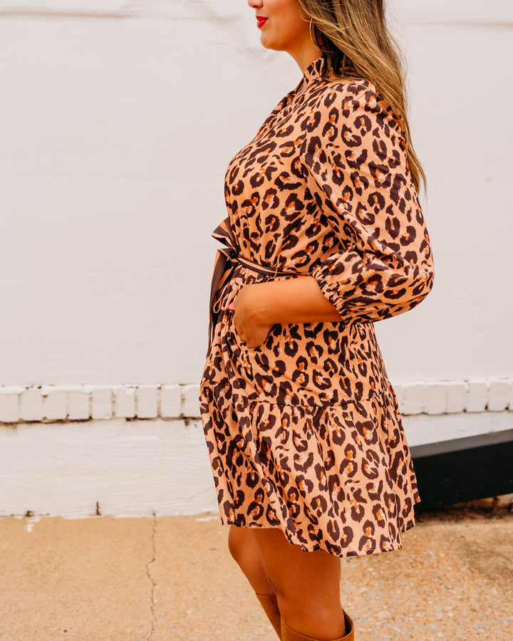 Joy Joy: Split Neck Flounce Dress in Brown Leopard