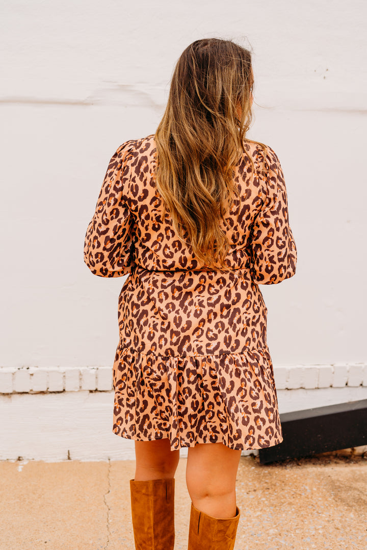 Joy Joy: Split Neck Flounce Dress in Brown Leopard