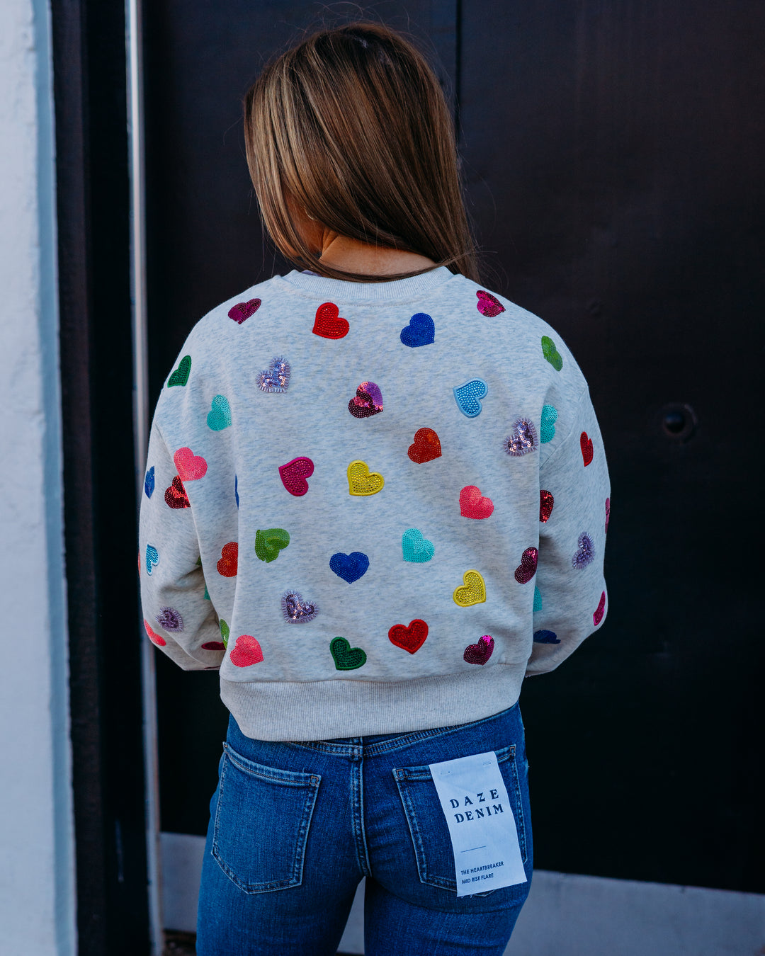 Queen Of Sparkles: Multi Rhinestone Heart Sweatshirt in Light Grey