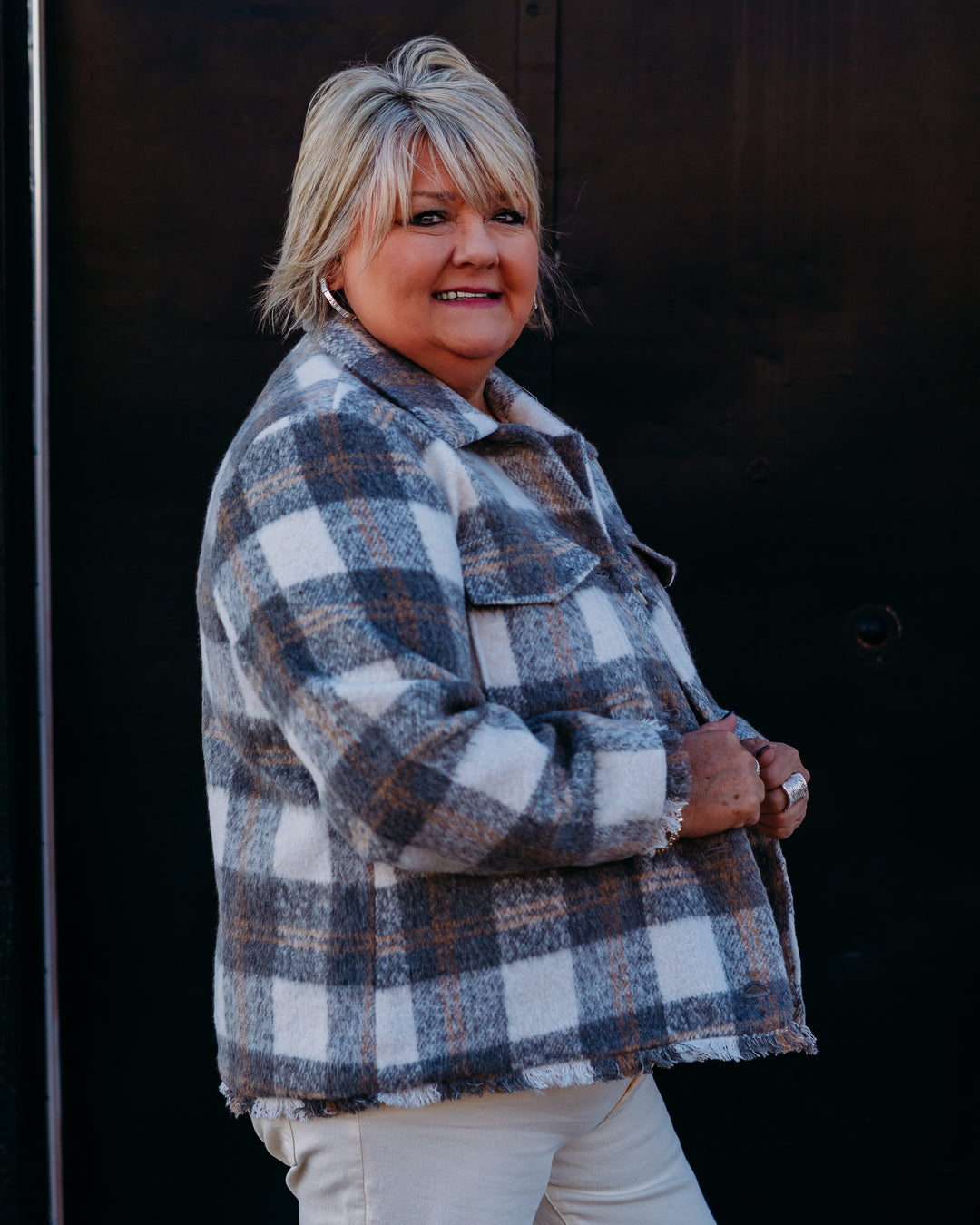 Multiples: (Snow Leopard) Woven Plaid Fringe Hem Jacket in Multi M45507JM