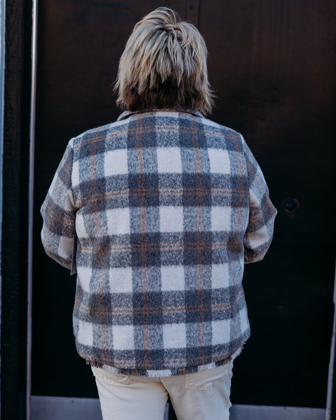 Multiples: (Snow Leopard) Woven Plaid Fringe Hem Jacket in Multi M45507JM