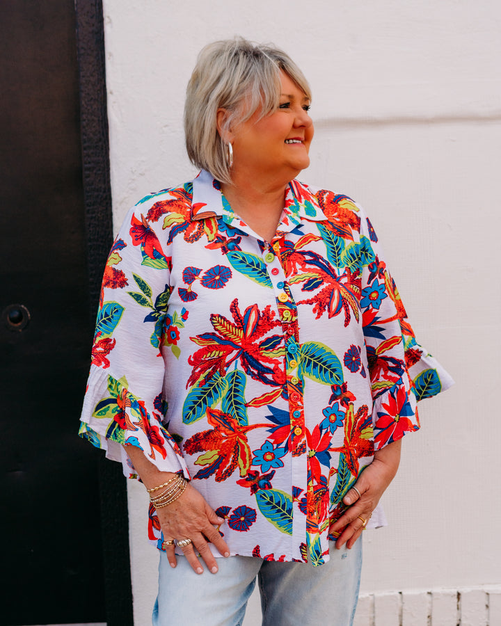 Multiples: Flounce Elbow Sleeve Button Front Tie Waist Shirt in Multi (M26205BM)