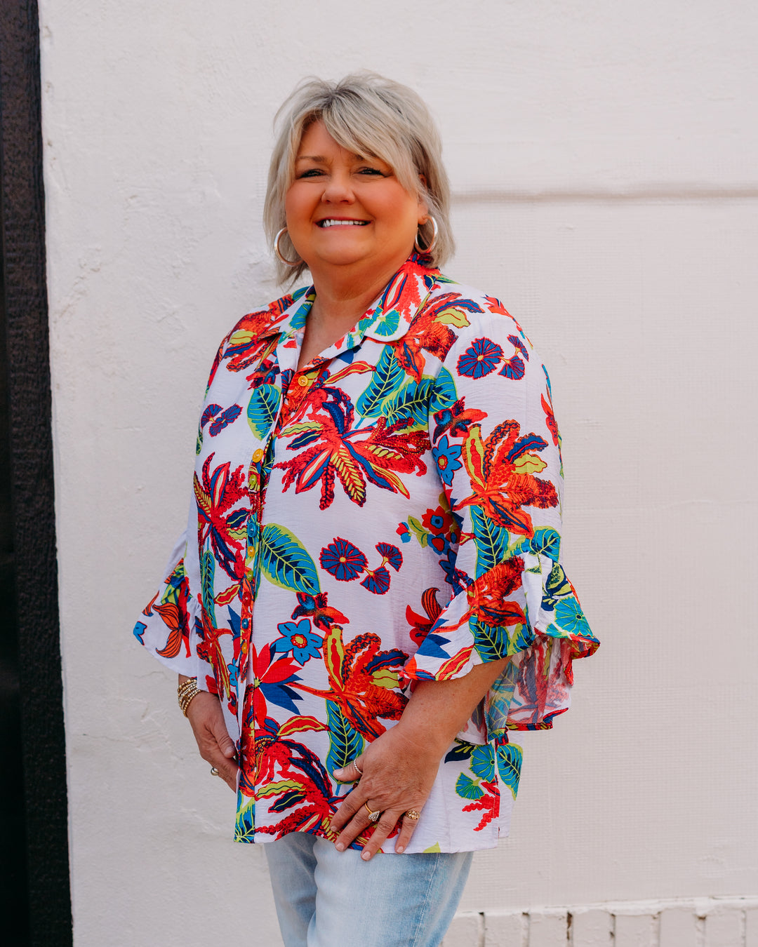 Multiples: Flounce Elbow Sleeve Button Front Tie Waist Shirt in Multi (M26205BM)