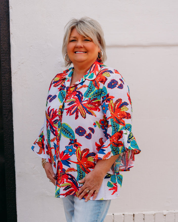 Multiples: Flounce Elbow Sleeve Button Front Tie Waist Shirt in Multi (M26205BM)