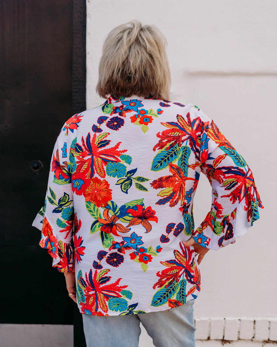 Multiples: Flounce Elbow Sleeve Button Front Tie Waist Shirt in Multi (M26205BM)