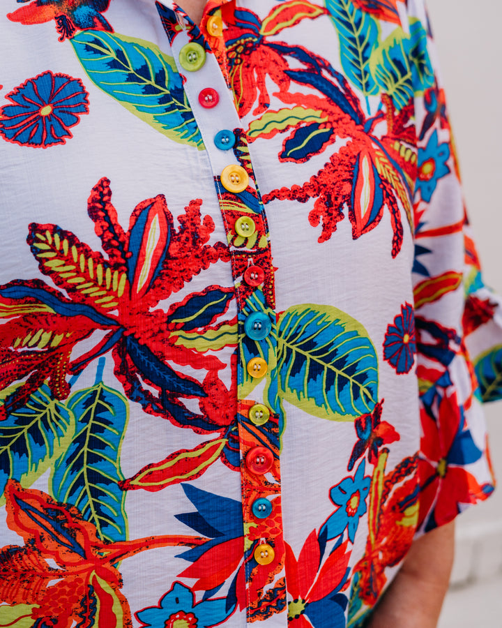 Multiples: Flounce Elbow Sleeve Button Front Tie Waist Shirt in Multi (M26205BM)