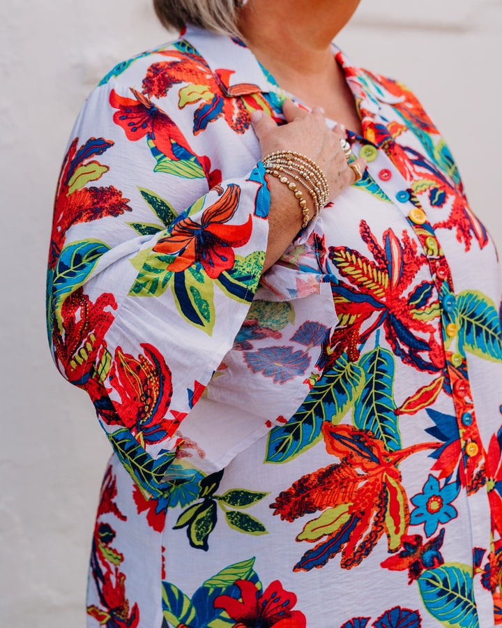 Multiples: Flounce Elbow Sleeve Button Front Tie Waist Shirt in Multi (M26205BM)
