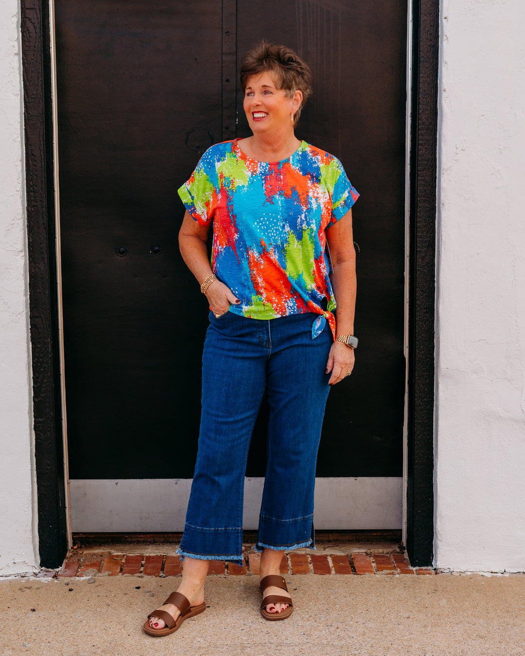 Multiples: 3/4 Slv Notch Nk Stand Collar Top in Multi (M26107TM)