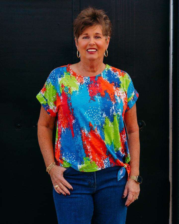 Multiples: 3/4 Slv Notch Nk Stand Collar Top in Multi (M26107TM)