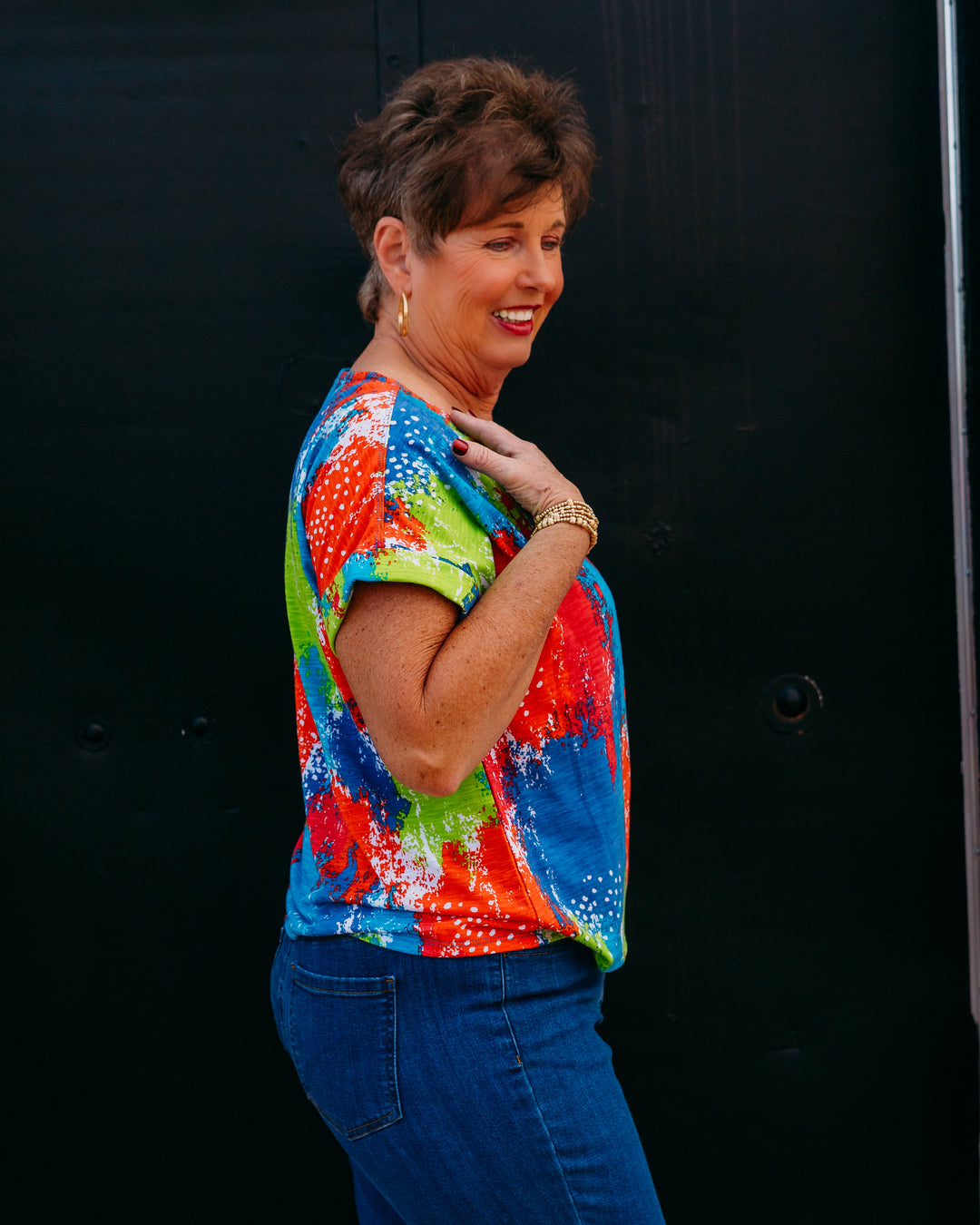 Multiples: 3/4 Slv Notch Nk Stand Collar Top in Multi (M26107TM)