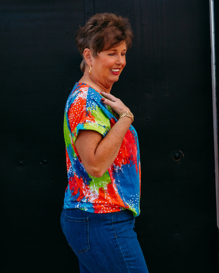 Multiples: 3/4 Slv Notch Nk Stand Collar Top in Multi (M26107TM)