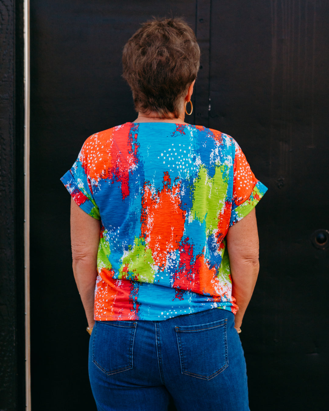 Multiples: 3/4 Slv Notch Nk Stand Collar Top in Multi (M26107TM)