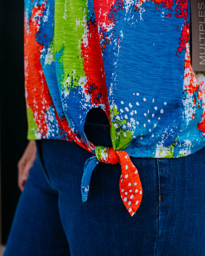 Multiples: 3/4 Slv Notch Nk Stand Collar Top in Multi (M26107TM)