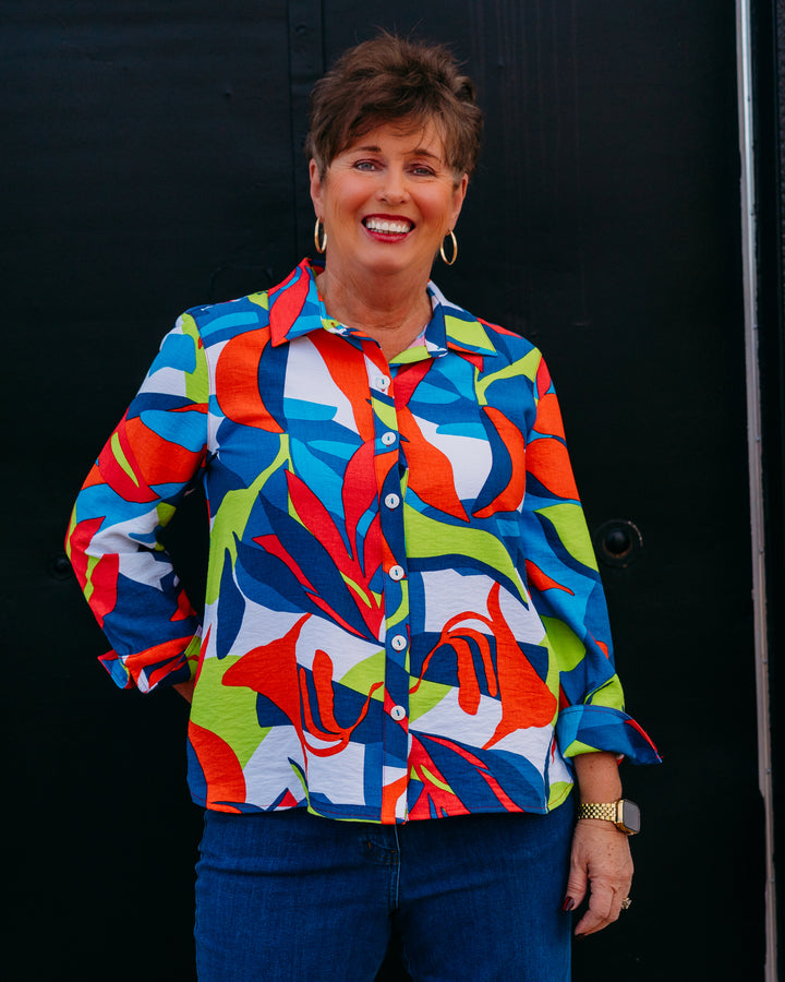 Multiples: Turn-Up 3/4 Sleeve Button Front Hi-Lo Shirt in Multi (M26206BM)