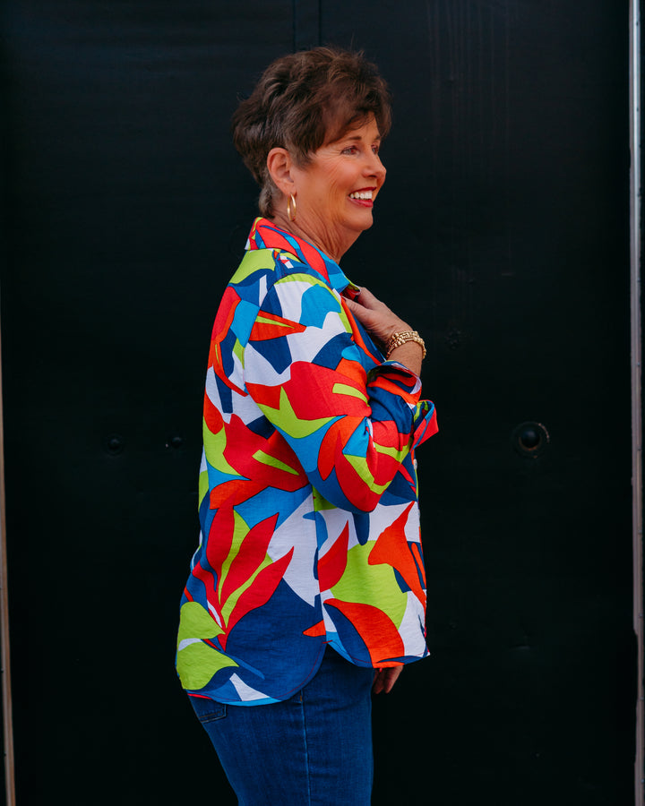Multiples: Turn-Up 3/4 Sleeve Button Front Hi-Lo Shirt in Multi (M26206BM)