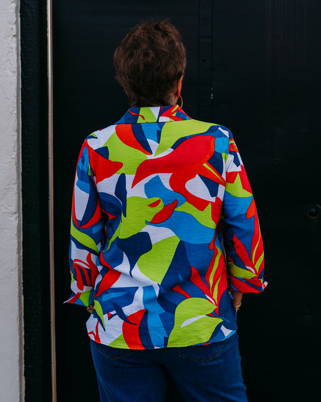 Multiples: Turn-Up 3/4 Sleeve Button Front Hi-Lo Shirt in Multi (M26206BM)