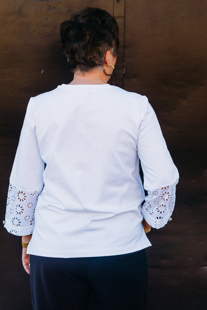 Multiples: Drawstring 3/4 Sleeve Crew Neck Top in White M15512TM