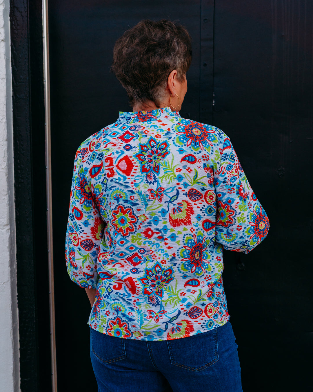 Multiples: 3/4 Puff Sleeve Multi-Needle Stand Collar Top in Multi (M26204TM)