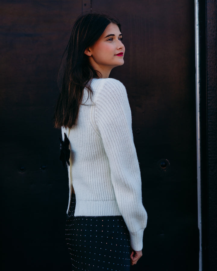 Design History: Sequin Bow Sweater in Winter White Combo