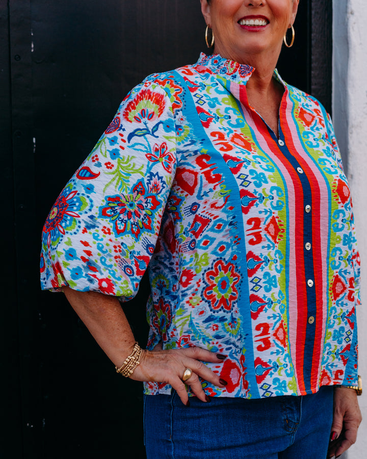 Multiples: 3/4 Puff Sleeve Multi-Needle Stand Collar Top in Multi (M26204TM)