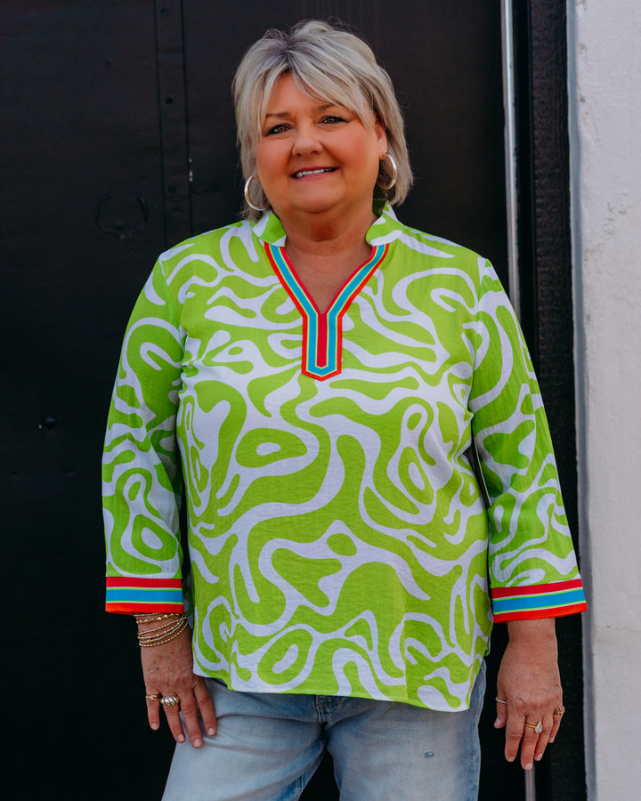 Multiples: Cuffed Dolman Scoop Neck Tie Waist Top in Lime Green/Multi (M26207TM)