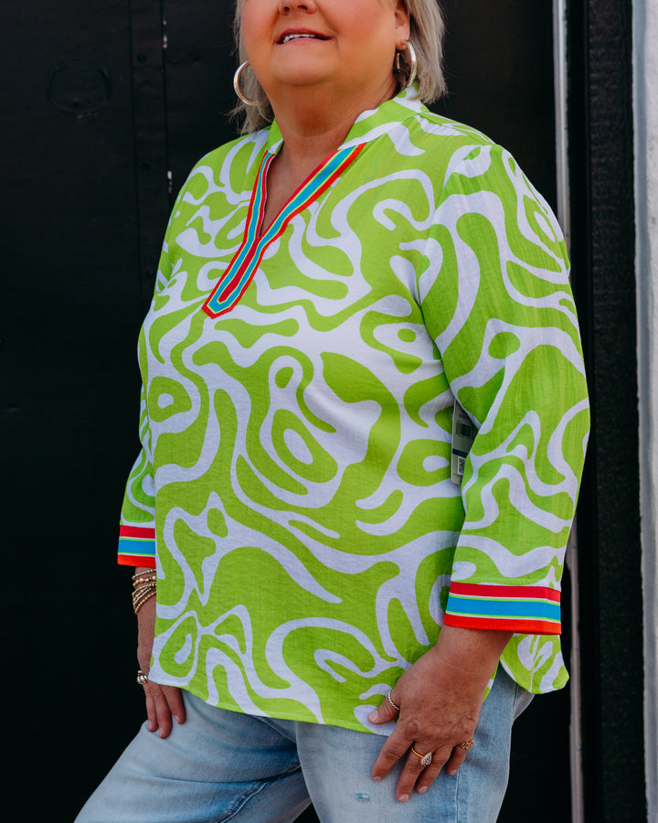 Multiples: Cuffed Dolman Scoop Neck Tie Waist Top in Lime Green/Multi (M26207TM)