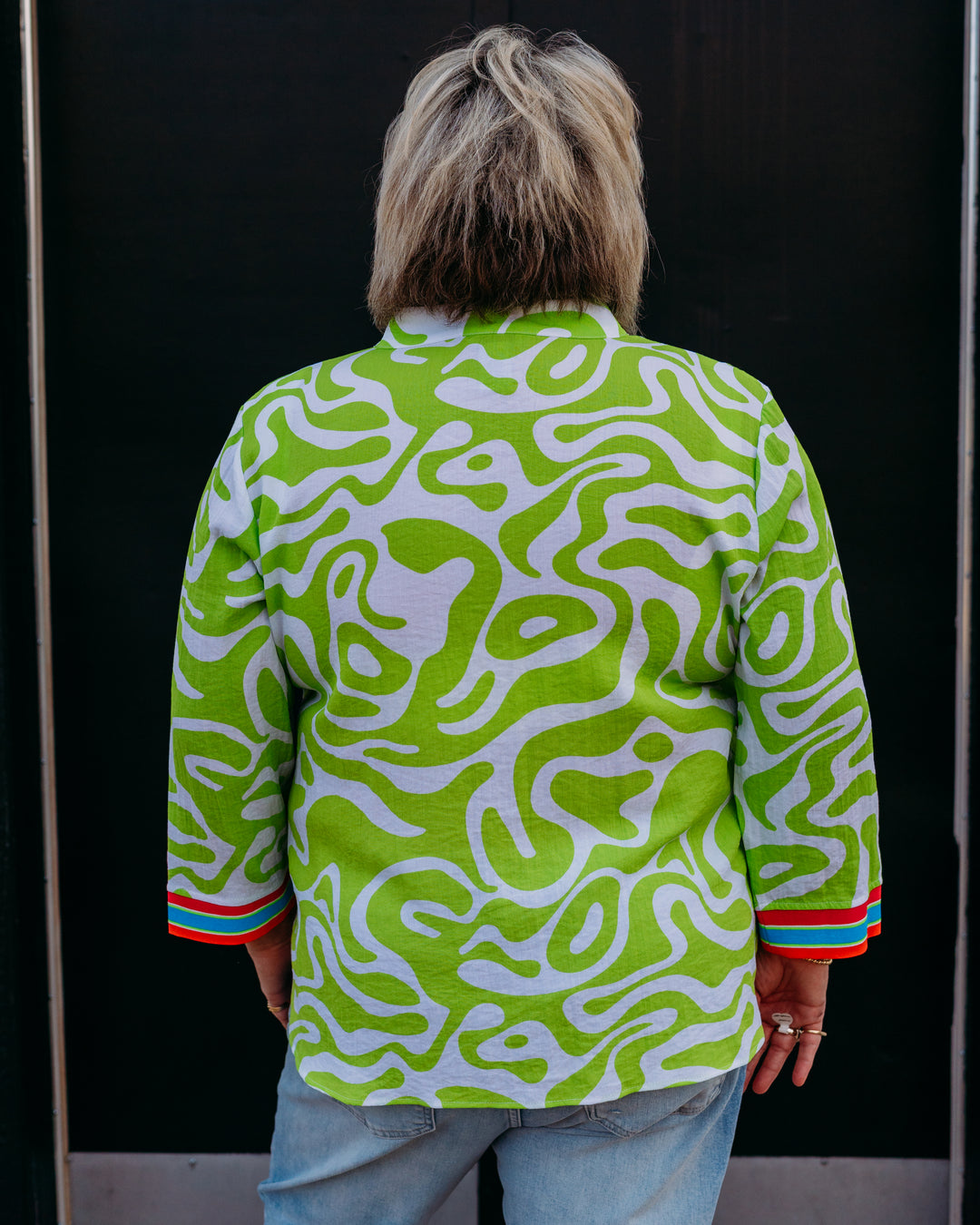 Multiples: Cuffed Dolman Scoop Neck Tie Waist Top in Lime Green/Multi (M26207TM)