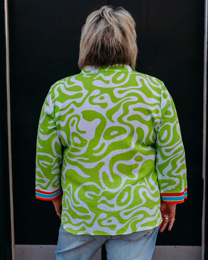 Multiples: Cuffed Dolman Scoop Neck Tie Waist Top in Lime Green/Multi (M26207TM)