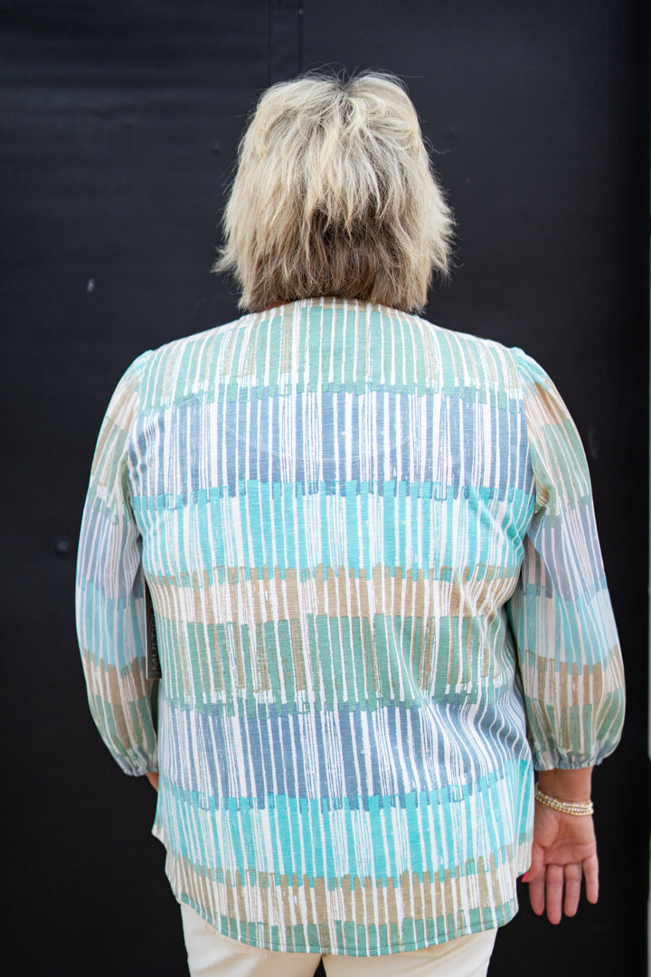 Multiples: 3/4 Sleeve Notch Neck Embroidered Top (M35406TM)