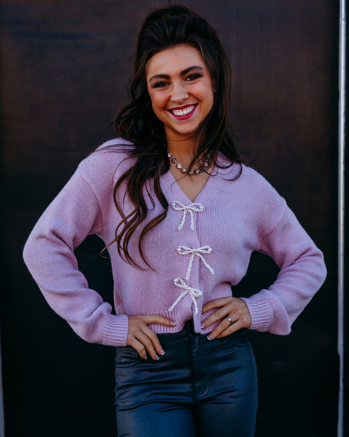 Design History: V-Neck Gem Bow Cardi in Lilac Snow